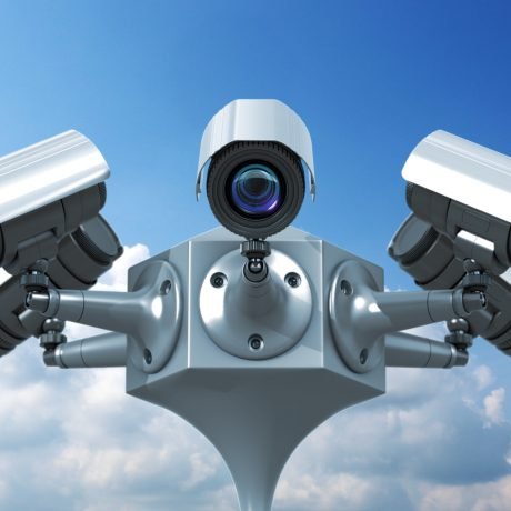 surveillance cameras on sky background, 3d render